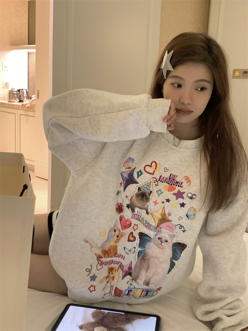 實拍 原創 韓系鬼馬少女可愛貓咪加絨圓領寬鬆衛衣