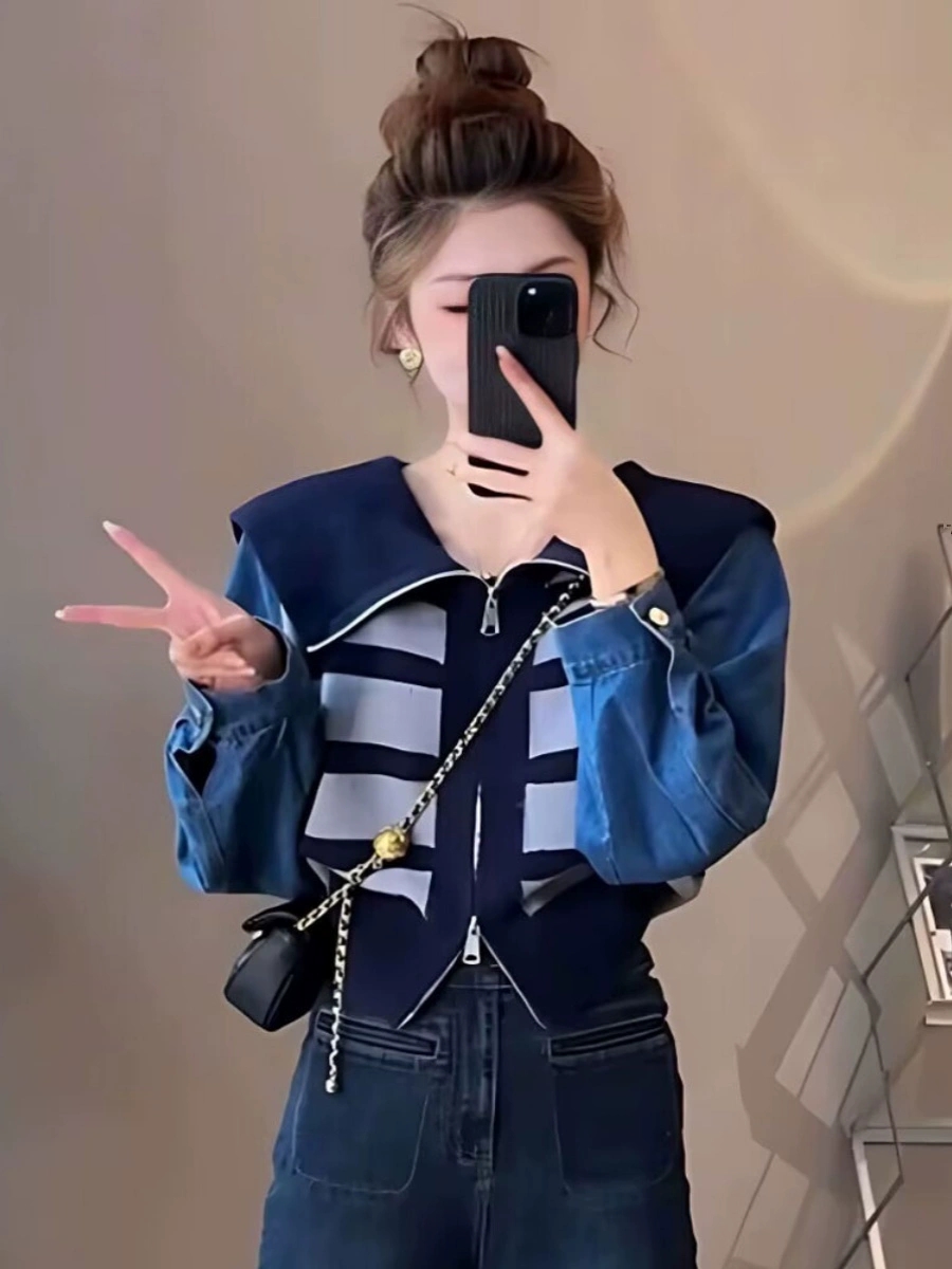 Designed lotus leaf collar double zipper sweater jacket for women 2023 new style loose and versatile slim top cardigan