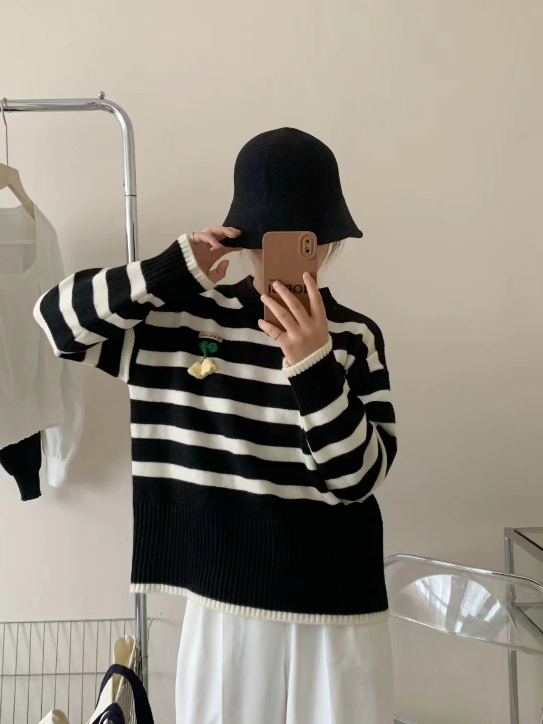 日系條紋毛衣女秋冬外穿學生新款寬鬆慵懶立體花朵套頭針織衫上衣