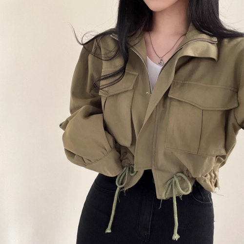 Korean chic retro workwear style short coat hem drawstring tassel BF style large pockets handsome jacket for women