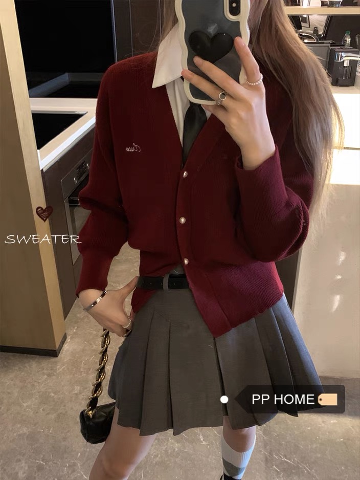 PPHOME Miss Sakura~Preppy style knitted cardigan V-neck long-sleeved age-reducing sweater jacket slim slimming top