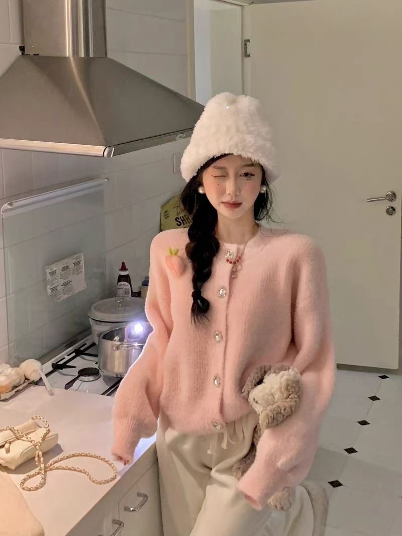 Pink mink velvet knitted sweater cardigan for women autumn and winter 2023 new design soft and waxy lazy top