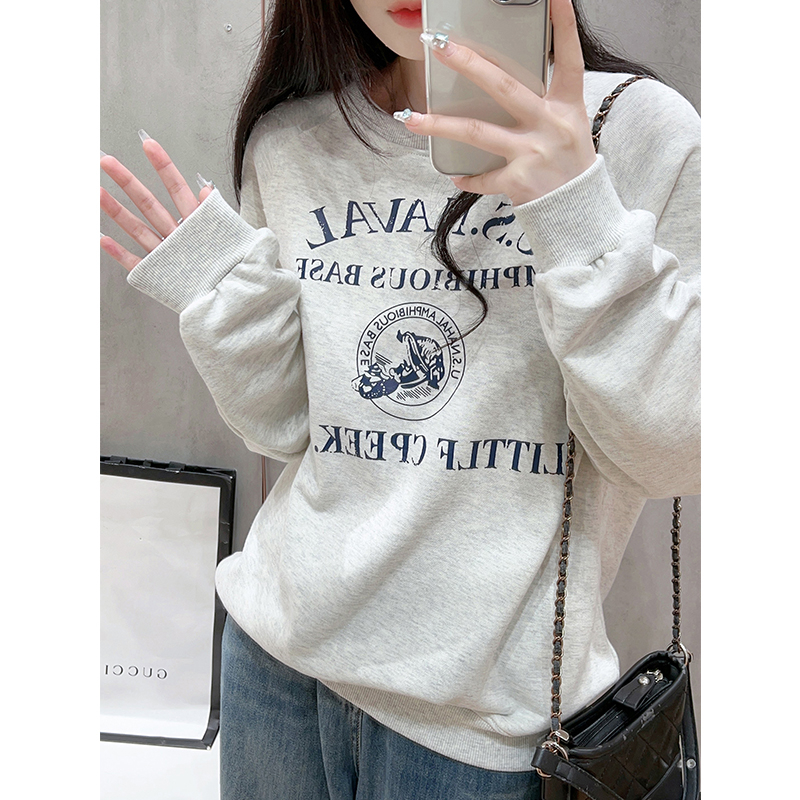 Gray design letter printed round neck sweatshirt for women autumn and winter new velvet jacket long-sleeved pullover niche top