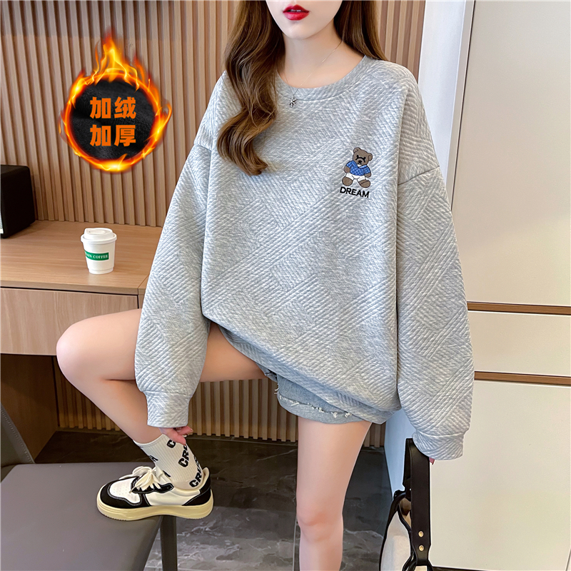 實拍冬季韓版寬鬆後包領420克提花中長款大碼女裝加絨衛衣女