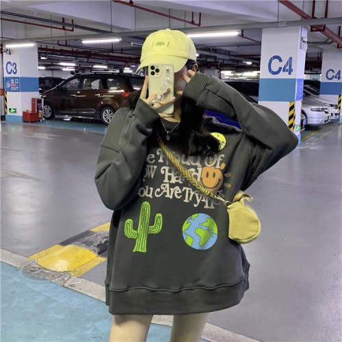 2023 Spring, Autumn and Winter Women's Sweater Cartoon Print Niche Loose Top Mid-Length Round Neck Long Sleeve Fashionable