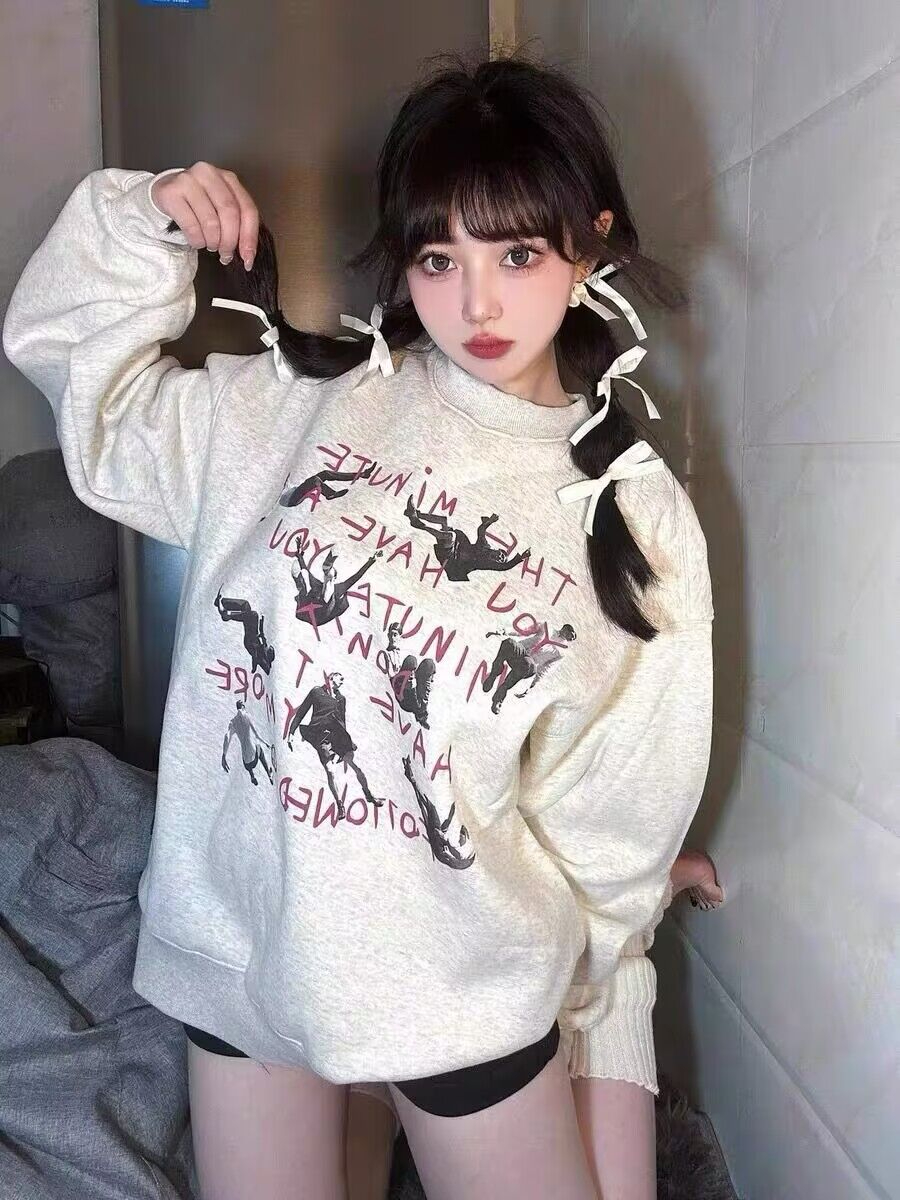 國潮美式復古字母印花圓領衛衣女秋冬寬鬆百搭oversize甜酷風上衣