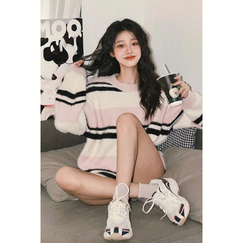 奶fufu馬海毛毛衣女粉色條紋慵懶風復古韓系高級感超漂亮的上衣潮