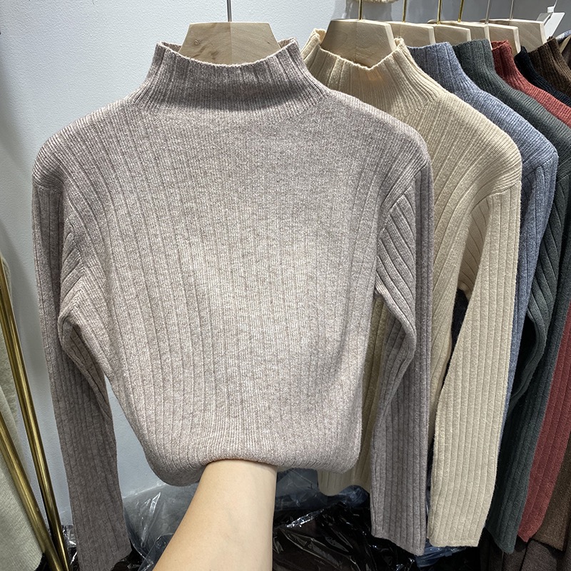 Half turtleneck with slim long-sleeved pullover sweater for women, pit striped bottoming shirt, autumn and winter new loose warm sweater