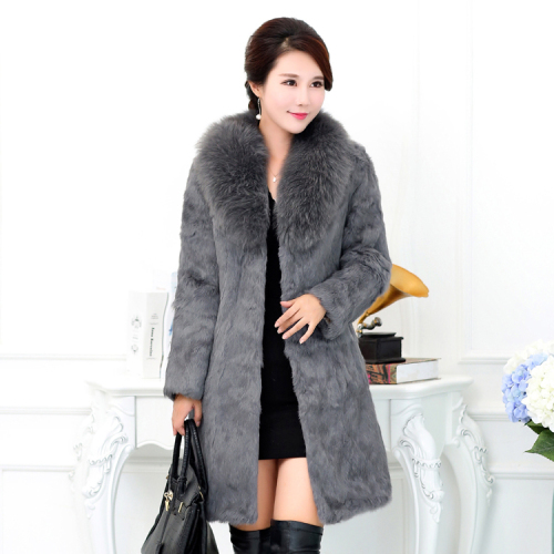  new autumn and winter Haining fox fur collar rabbit fur women's coat mid-length loose fur imitation mink fur coat