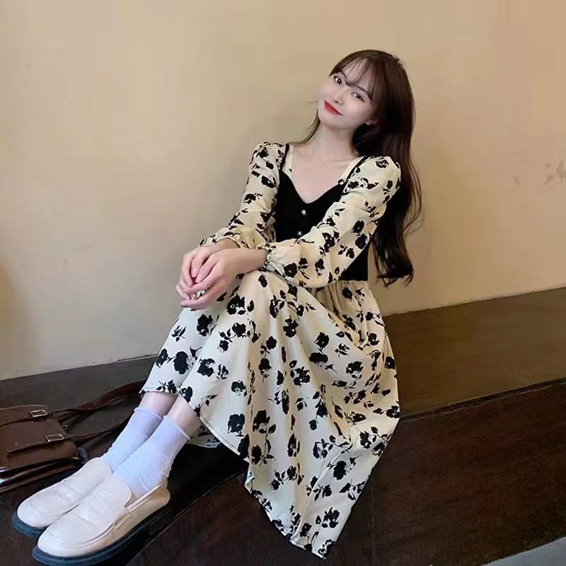 2023 sweet age-reducing girl’s fashionable fake two-piece floral skirt square neck long sleeve waist slimming a-line mid-length skirt