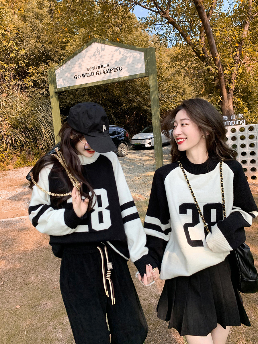 Lazy style sweater for women autumn and winter outer wear Korean style 2023 new loose retro pullover color block sweatshirt knitted top