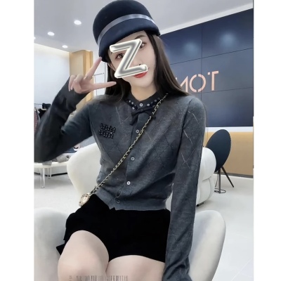 Early autumn new style 2023 French style versatile rhombus bow soft and waxy knitted sweater jacket for women