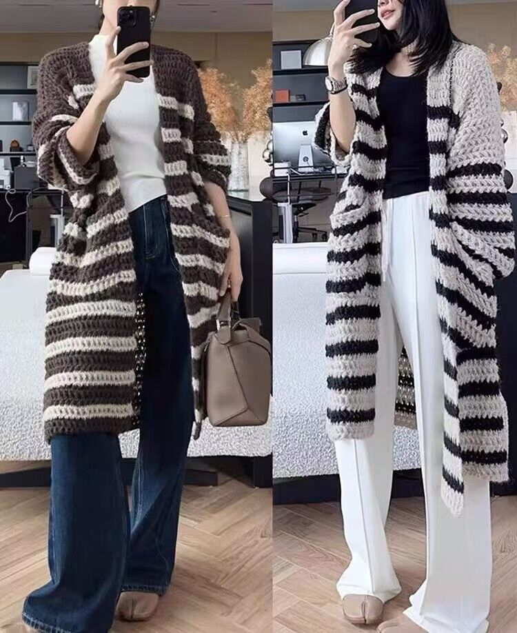 Loose and lazy sweater jacket for women, autumn design top, slimming striped contrasting color knitted cardigan mid-length