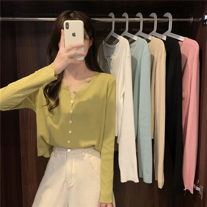 French style inner sweater top autumn women's blue cardigan sweater jacket bottoming shirt outer chic shirt