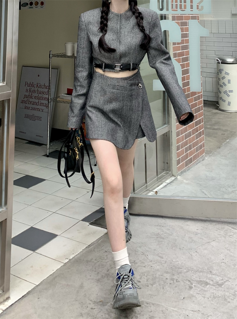 實拍~復古時尚套裝長袖短款上衣女辣妹性感包臀半身裙兩件套