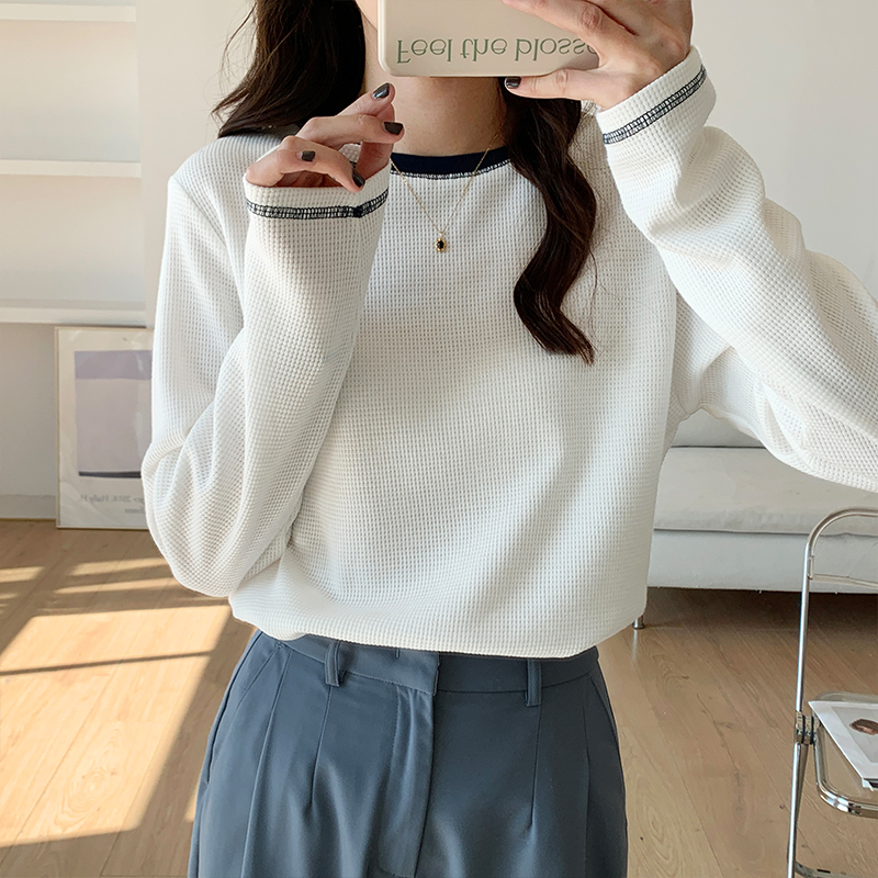 實拍圖寬鬆長袖T恤女春秋2023新款設計感百搭撞色圓領華夫格上衣