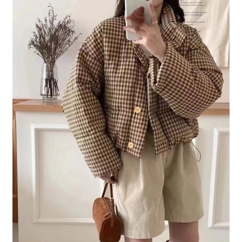 Korean houndstooth women's short stand-up collar thickened bread coat plaid coat cotton coat