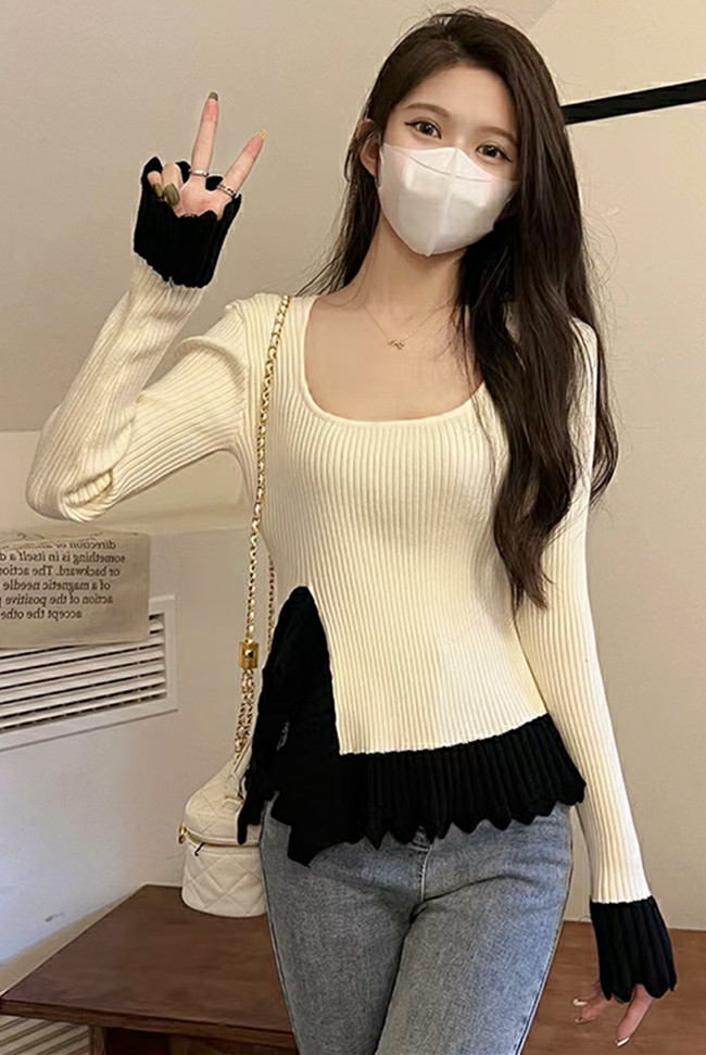 2023春季套頭百搭不規則撞色拼接法式優雅方領長袖修身毛針織衫