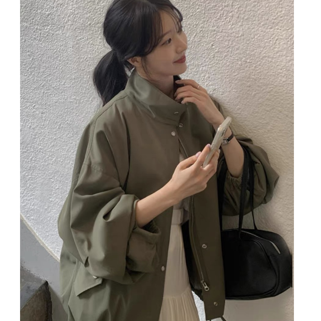 Korean chic autumn and winter retro style stand-up collar single-breasted loose versatile lantern sleeve short jacket for women