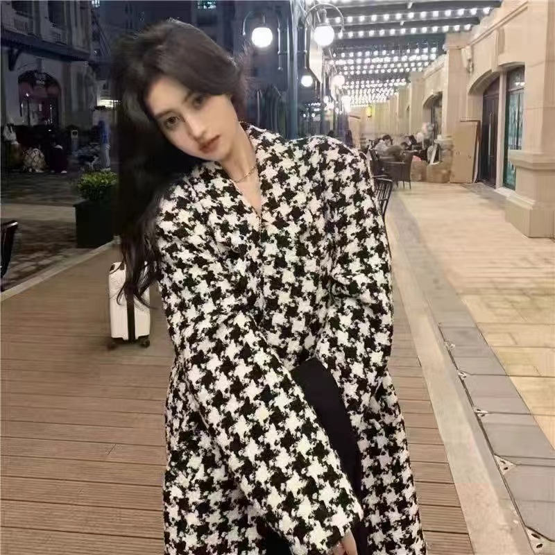 千鳥格毛呢外套女秋季加厚2023新款小個子氣質高級感長款呢子大衣