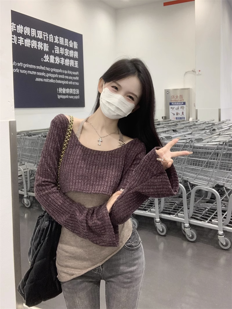 設計感兩件套女不規則背心打底百搭長袖罩衫秋季2023新款甜辣套裝