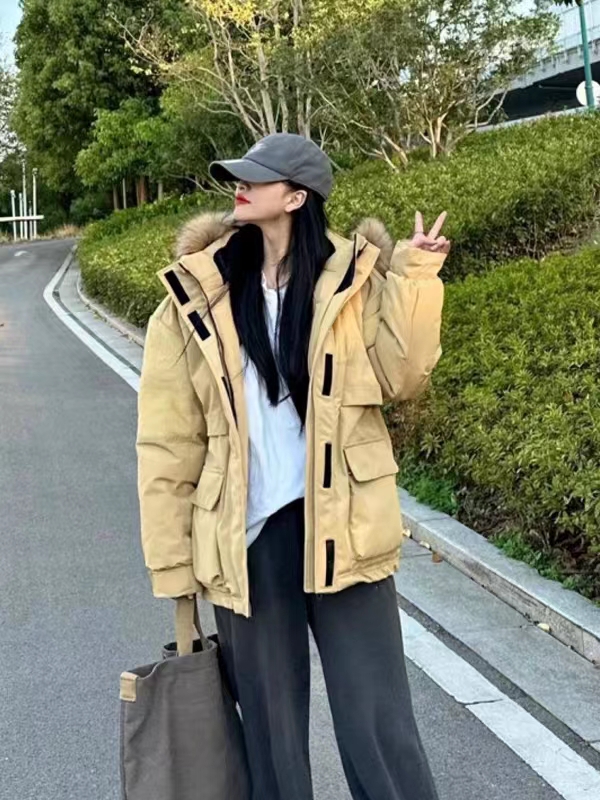 Couple's workwear down jacket for women 2023 new mid-length genuine fur collar thickened pie jacket winter coat