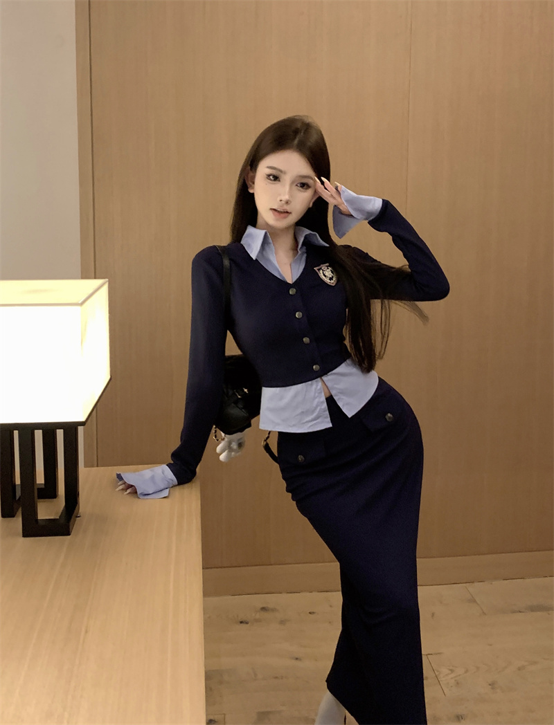 Real shot of autumn miu style fake two-piece shirt college patchwork knitted top hip-covering long skirt suit