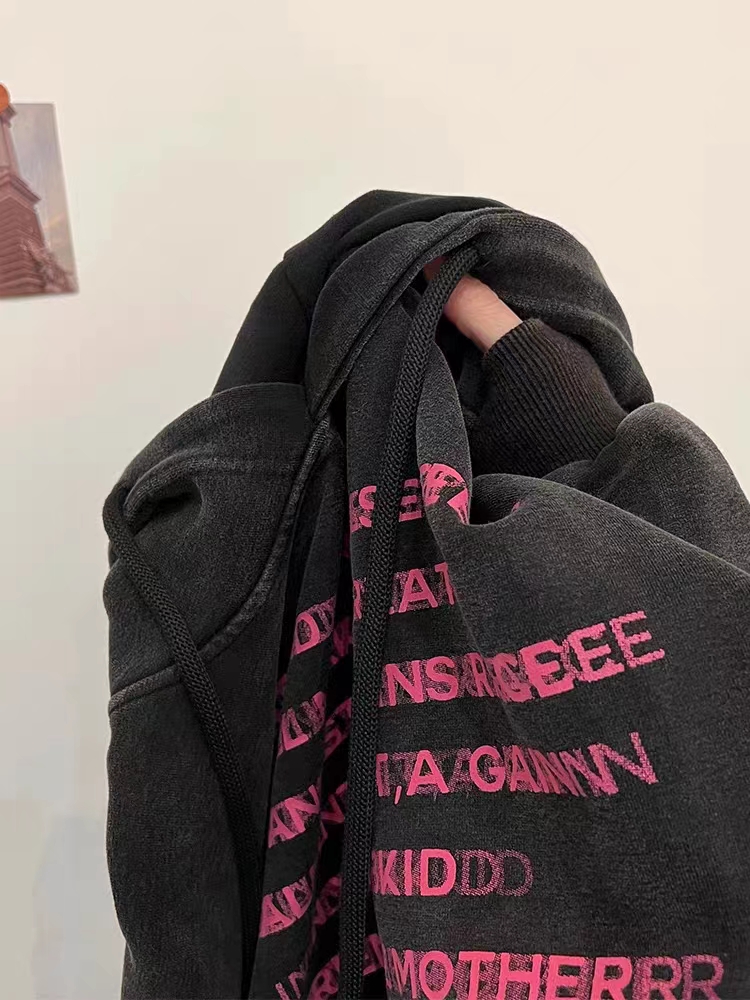 水洗黑純棉美式衛衣oversize小眾高街潮牌連帽春秋寬鬆慵懶上衣女