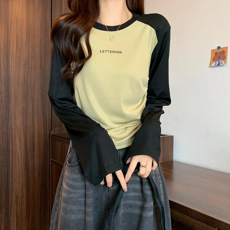 Real shot of plus size women's new autumn simple contrasting color drawstring design round neck long sleeve round neck T-shirt top