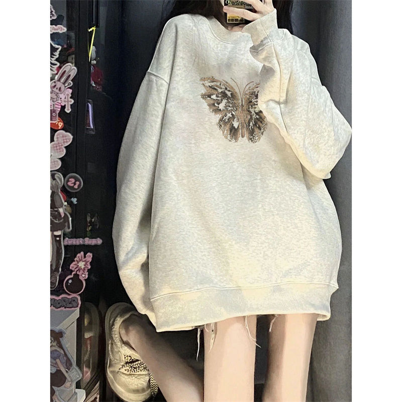 Missing bottoms, lazy floral gray long-sleeved sweatshirt for women, early autumn new American design, loose round neck top