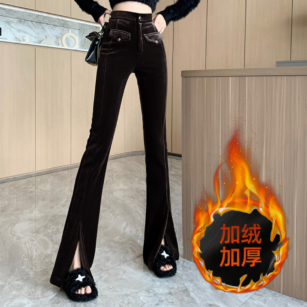 Velvet micro-flared trousers for women in autumn and winter, slim-fitting, plus velvet temperament, small fragrant style, front slit corduroy straight trousers