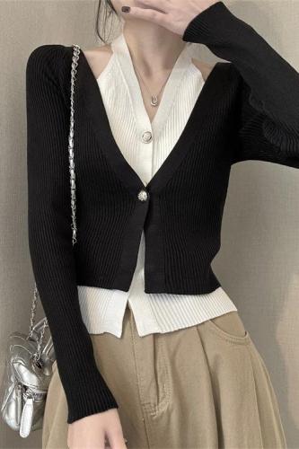 实拍韩版时尚设计感撞色假两件挂脖针织开衫显瘦百搭上衣