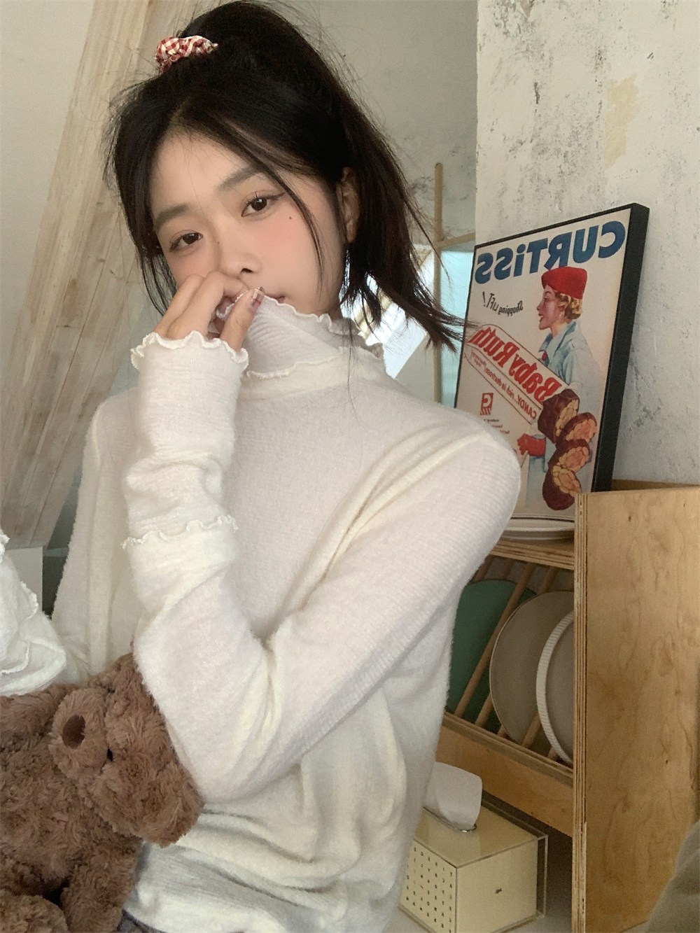 實拍軟糯糯花邊高領打底衫拼接內搭上衣長袖T恤女