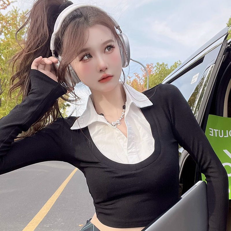 Fake two-piece short long-sleeved T-shirt for women autumn splicing temperament hot girl top simple shirt