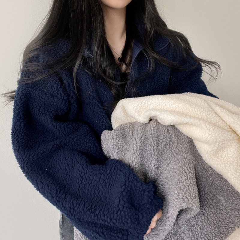 立領短款衛衣女秋冬季加絨加厚寬鬆ins慵懶風羊羔絨開衫拉鏈外套