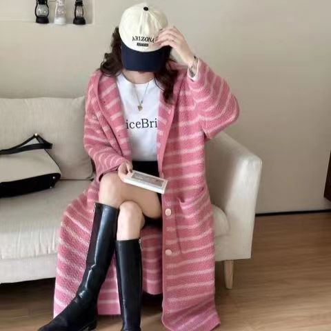 慵懶風黑白條紋中長款毛衣外套女秋冬寬鬆連帽過膝針織開衫加厚潮