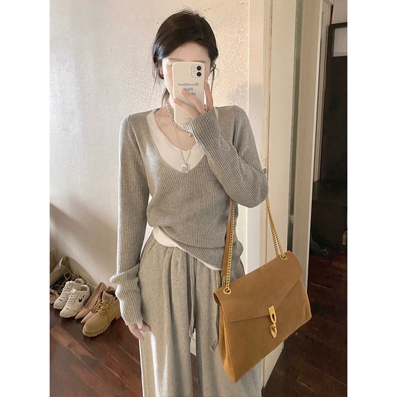 彩虹羅紋92聚酯纖維8氨綸 假兩件v領毛衣女裝秋