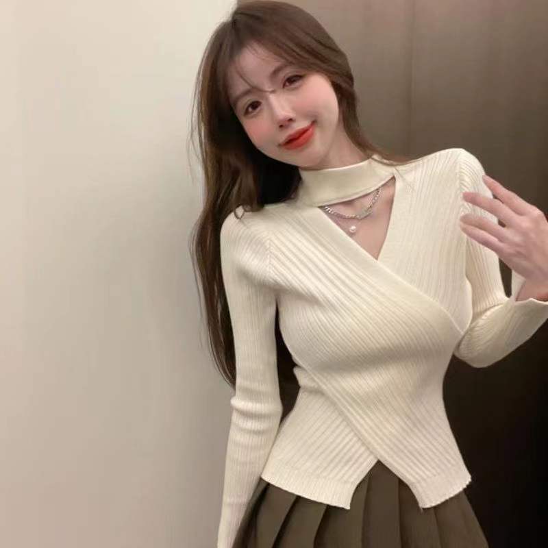 春秋冬新款小眾別致掛脖上衣設計感打底衫女內搭洋氣針織毛衣