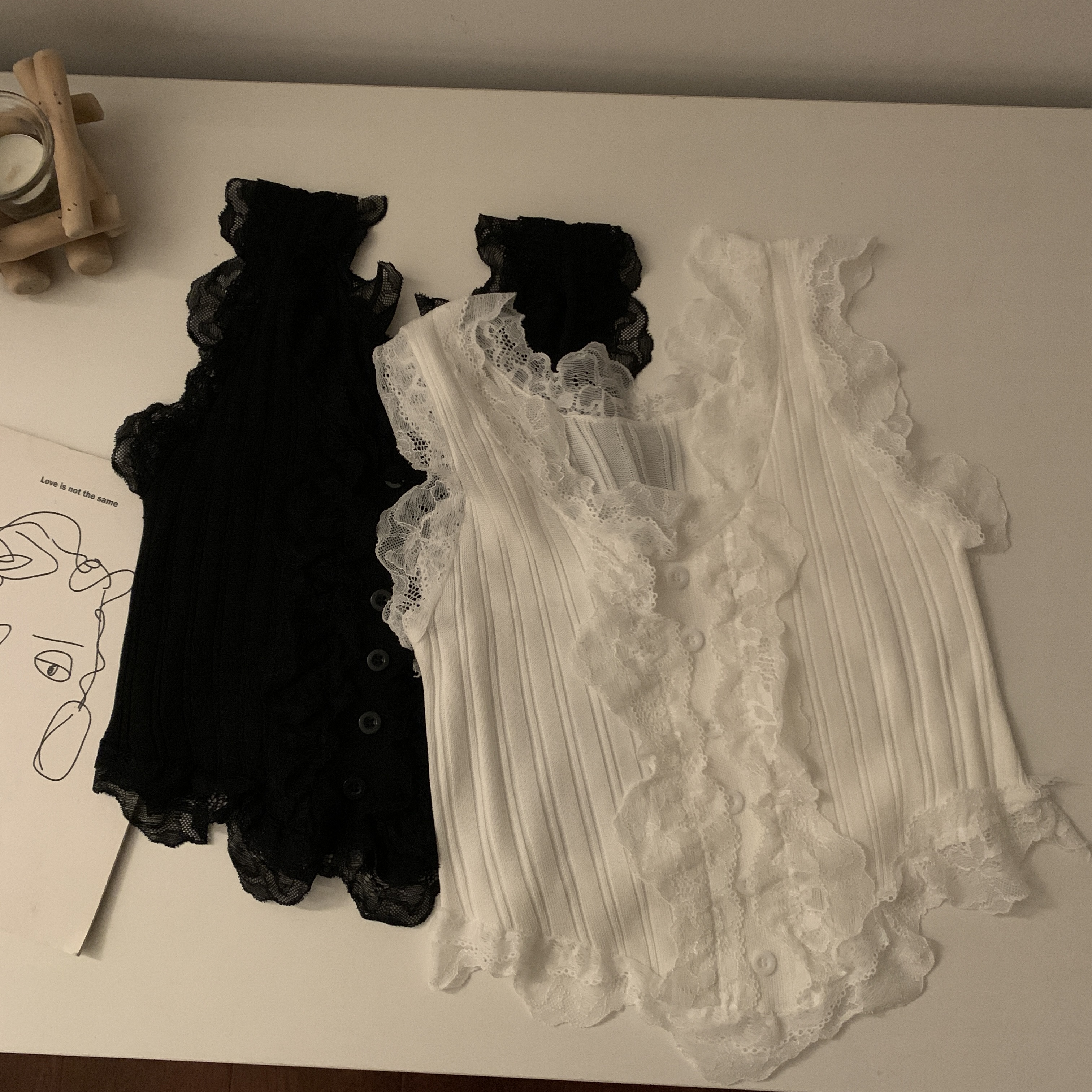 實拍黑色辣妹針織吊帶背心女秋季純欲風性感蕾絲拼接內搭上衣