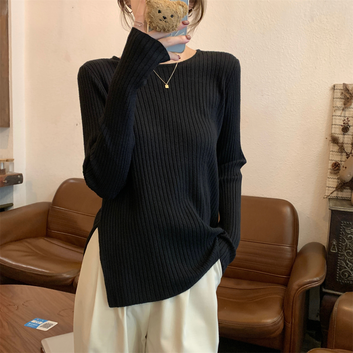 實拍 秋冬韓版寬鬆圓領開叉設計感純色安迪絨針織打底毛衣女