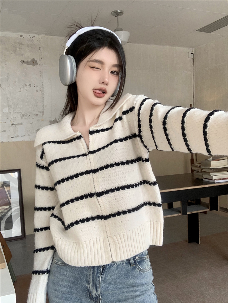 實拍 韓版chic撞色條紋針織開衫女韓版小個子翻領毛衣外套
