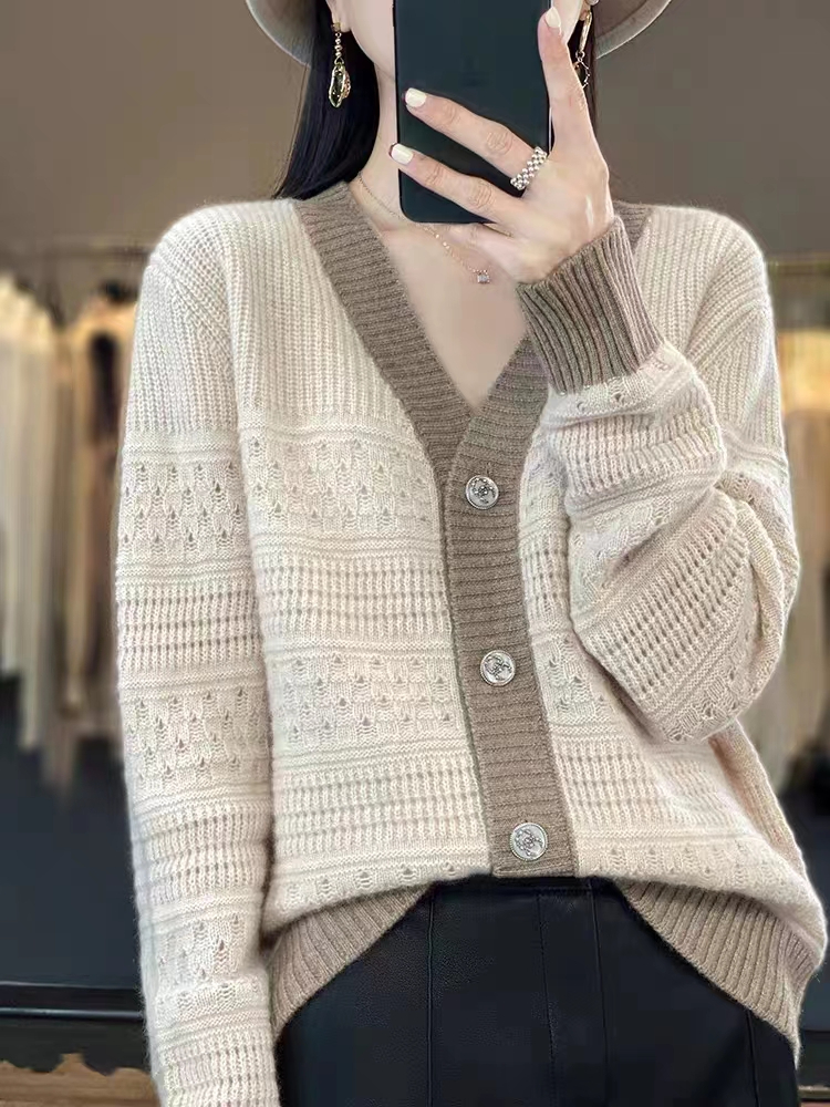 Korean women's clothing V-neck cashmere cardigan made in Ordos, women's color-blocked sweater, hollow wool jacket