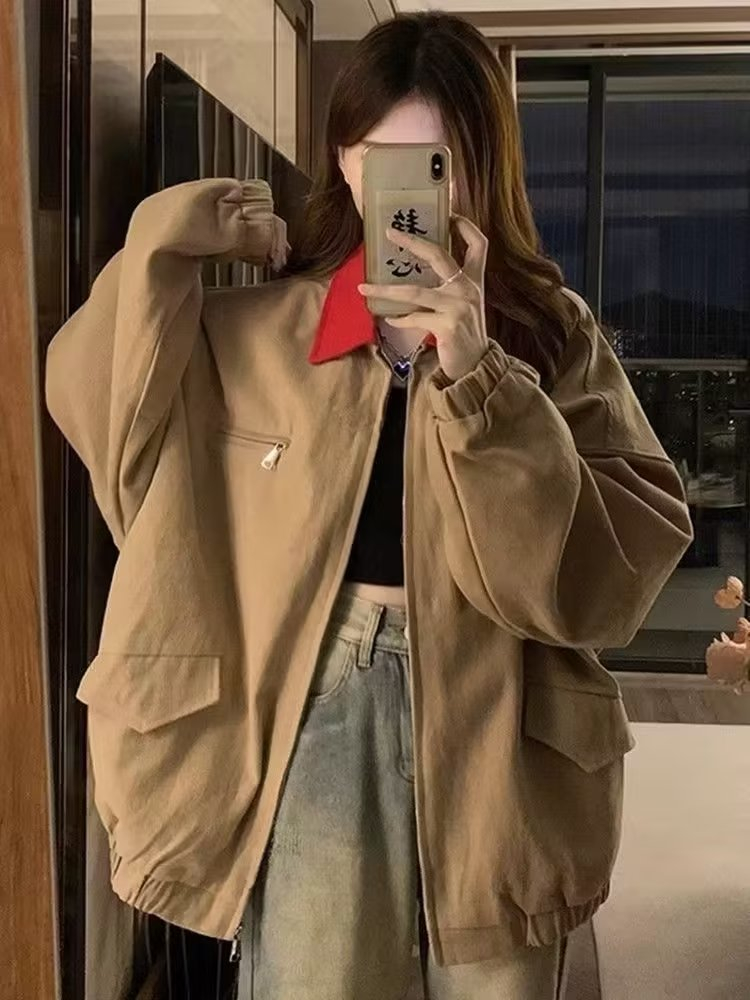 2023 Spring and Autumn New American Retro Loose Slim Contrast Color Lapel Jacket Jacket Women's Trendy Lazy Style Jacket Trend