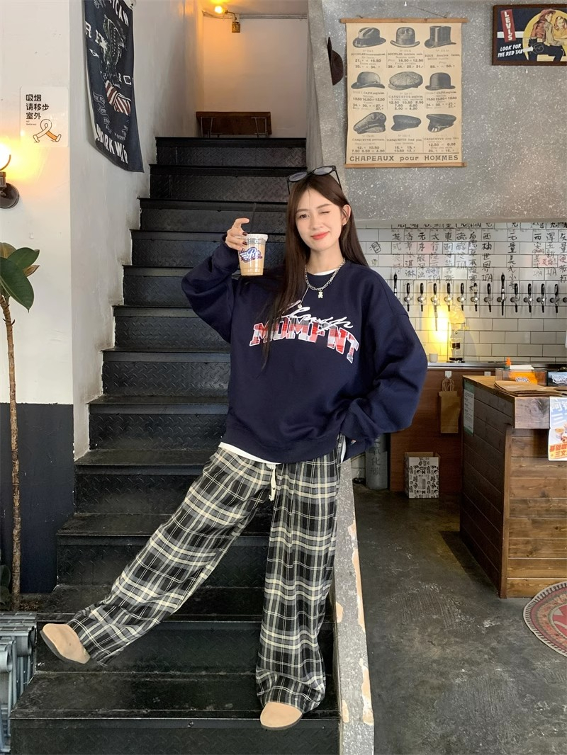 後包領休閒套裝美式字母印花衛衣女秋季鬆緊腰格紋闊腿褲兩件套