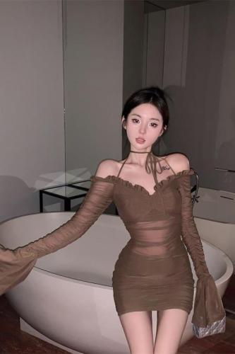 Real shot~Pure hot girl style off-shoulder long-sleeved suspender dress for women pleated gauze sexy hip-covering short skirt