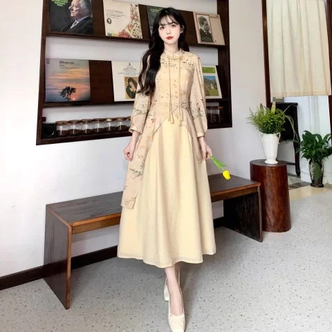 新中式改良旗袍裙秋季大碼法式復古優雅連衣裙女