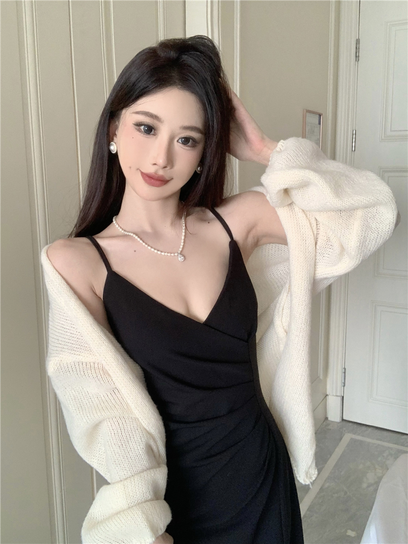 實拍法式名媛V領吊帶連衣裙開叉包臀中長裙+慵懶風外披針織衫