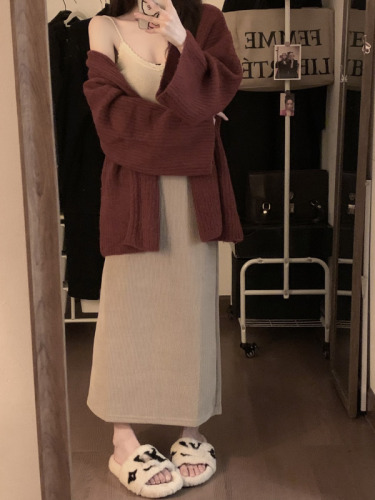 Actual shot~Korean style high-waisted versatile slim corduroy A-line skirt straight slit mid-length skirt