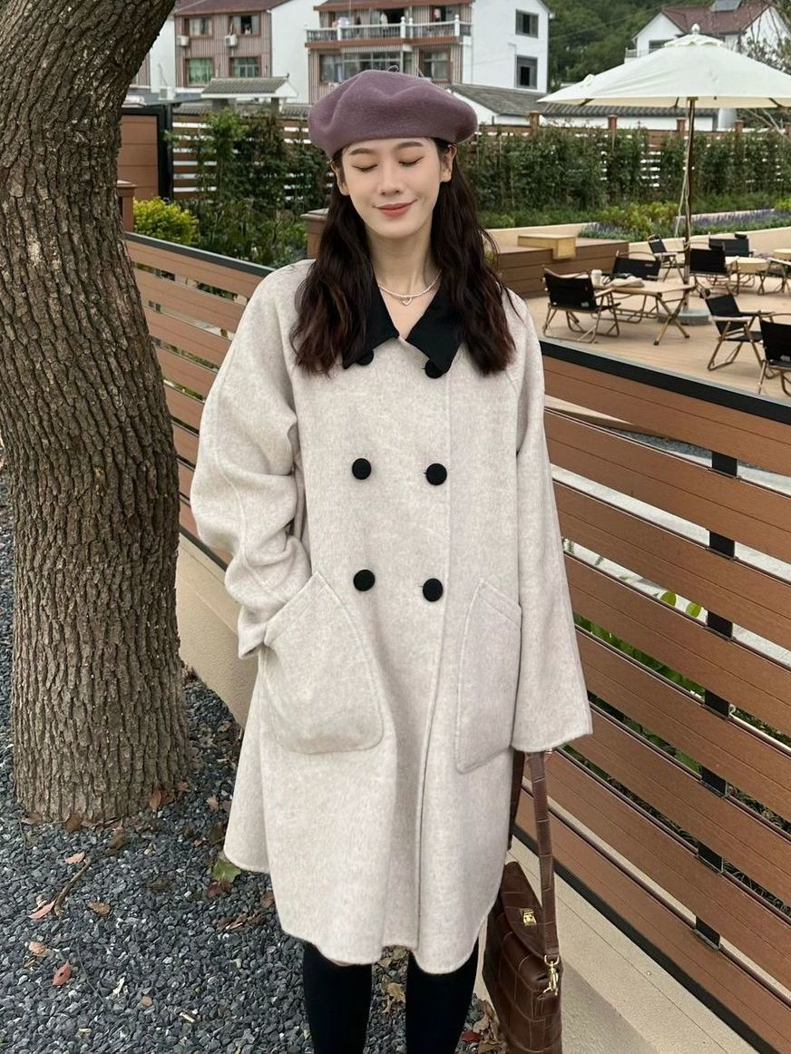 燕麥色毛呢外套女裝秋冬2023新款法式撞色翻領雙排扣長袖呢子大衣