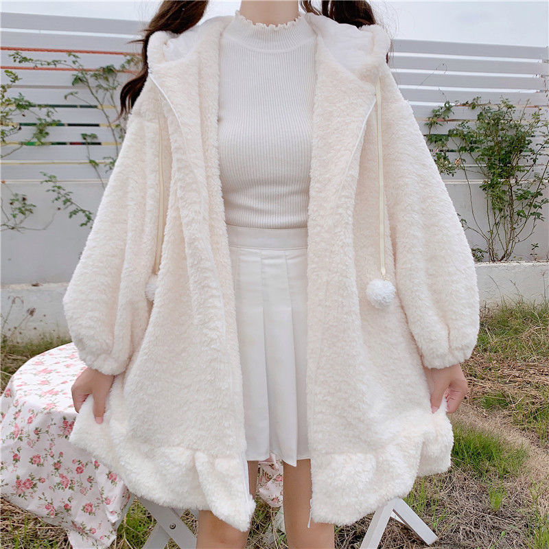 連帽潮加厚兔耳朵2023中長款羊羔絨拉鏈女裝外套秋冬季可愛